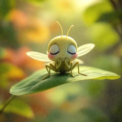 The primary subject of the image is a small, cute, and colorful insect, possibly a butterfly or a beetle, sitting on a leaf. The insect appears to be sleeping or resting on the leaf, which is placed on a branch. The setting is a natural environment, with the insect surrounded by greenery. The visual style of the image is a combination of photo and digital art, creating a whimsical and charming scene. The colors and mood of the image are predominantly warm and inviting, with the insect's vibrant colors and the lush greenery creating a sense of tranquility and harmony with nature.